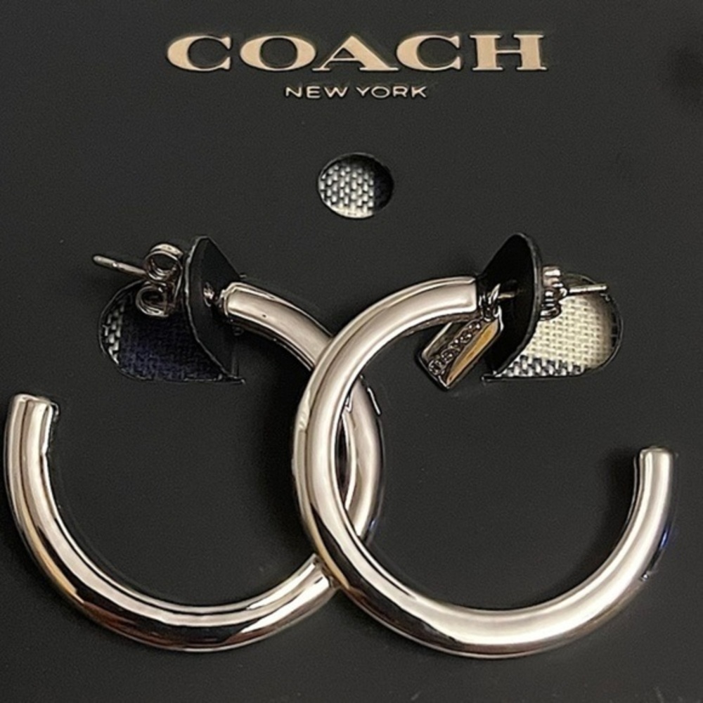 Coach Silver-Tone Signature C Hoop Earrings Logo Charm NWT - Picture 2 of 5